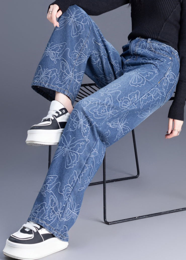 Italian Blue High Waist Print Denim Straight Pants Trousers Summer