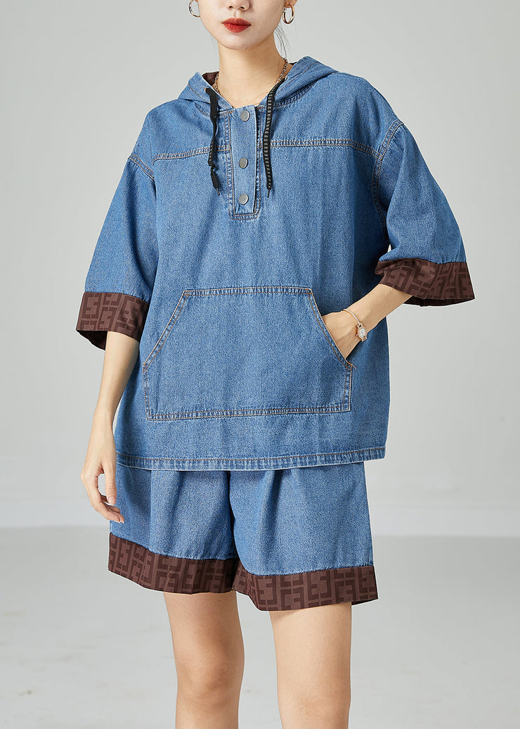 Italian Blue Hooded Patchwork Denim Two Pieces Set Summer