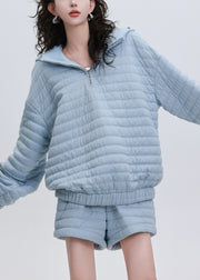 Italian Blue Hooded Striped Fine Cotton Filled Two Piece Set Winter