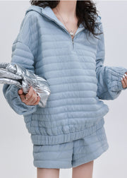 Italian Blue Hooded Striped Fine Cotton Filled Two Piece Set Winter