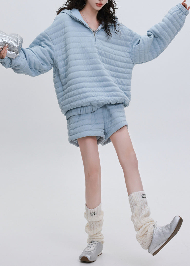 Italian Blue Hooded Striped Fine Cotton Filled Two Piece Set Winter