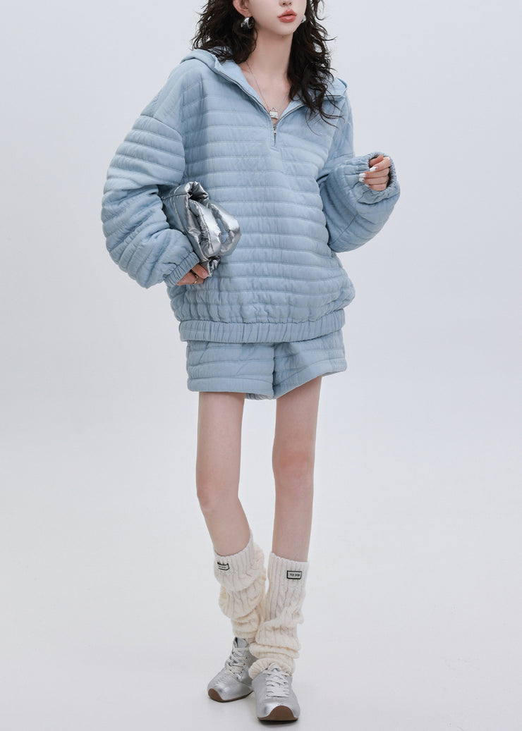 Italian Blue Hooded Striped Fine Cotton Filled Two Piece Set Winter