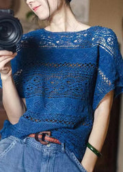 Italian Blue O Neck Hollow Out Knit T Shirts Summer