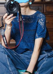 Italian Blue O Neck Hollow Out Knit T Shirts Summer