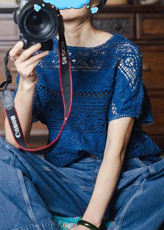 Italian Blue O Neck Hollow Out Knit T Shirts Summer