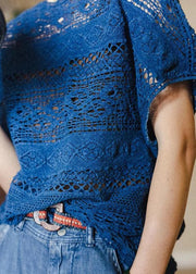 Italian Blue O Neck Hollow Out Knit T Shirts Summer