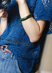 Italian Blue O Neck Hollow Out Knit T Shirts Summer