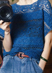 Italian Blue O Neck Hollow Out Knit T Shirts Summer