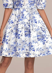 Italian Blue O Neck Print Tie Waist Cotton Mid Dress Summer