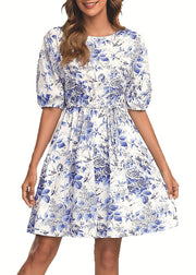 Italian Blue O Neck Print Tie Waist Cotton Mid Dress Summer