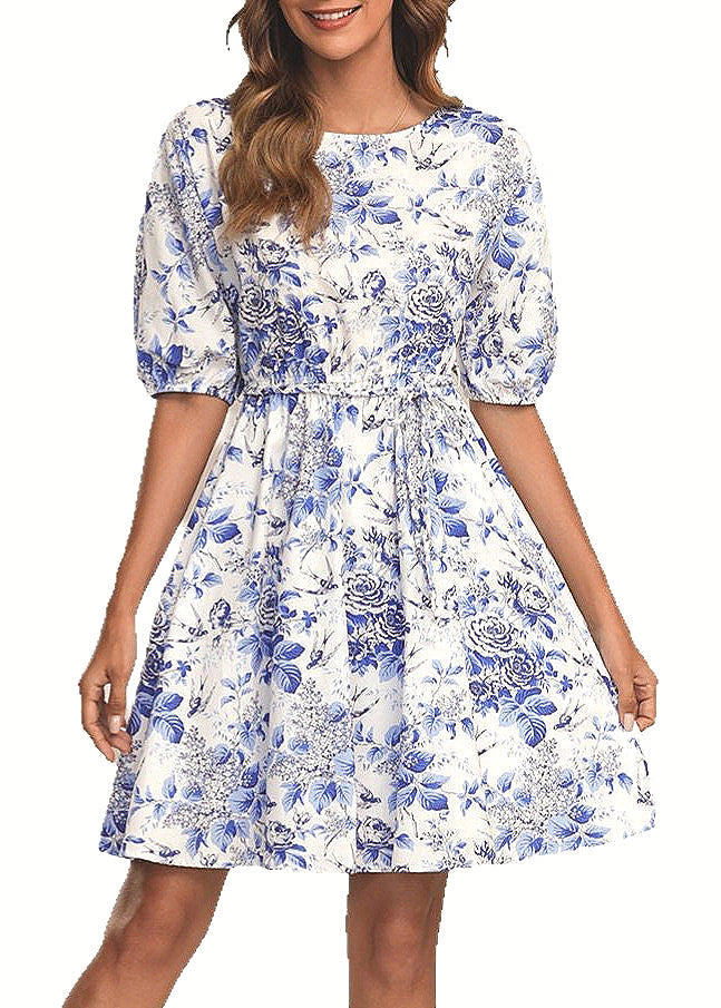 Italian Blue O Neck Print Tie Waist Cotton Mid Dress Summer