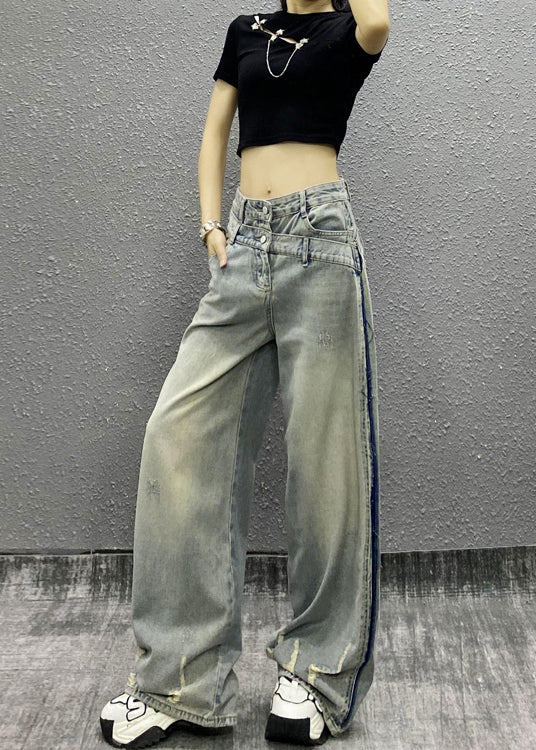 Italian Blue Pockets Patchwork Denim Wide Leg Pants Spring
