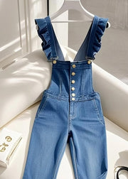 Italian Blue Ruffled Patchwork Denim Jumpsuit Fall