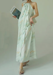 Italian Blue Ruffled Print Cotton Spaghetti Strap Dress Sleeveless