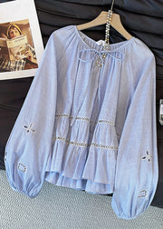 Italian Blue Striped Hollow Out Cotton Blouse Tops Fall