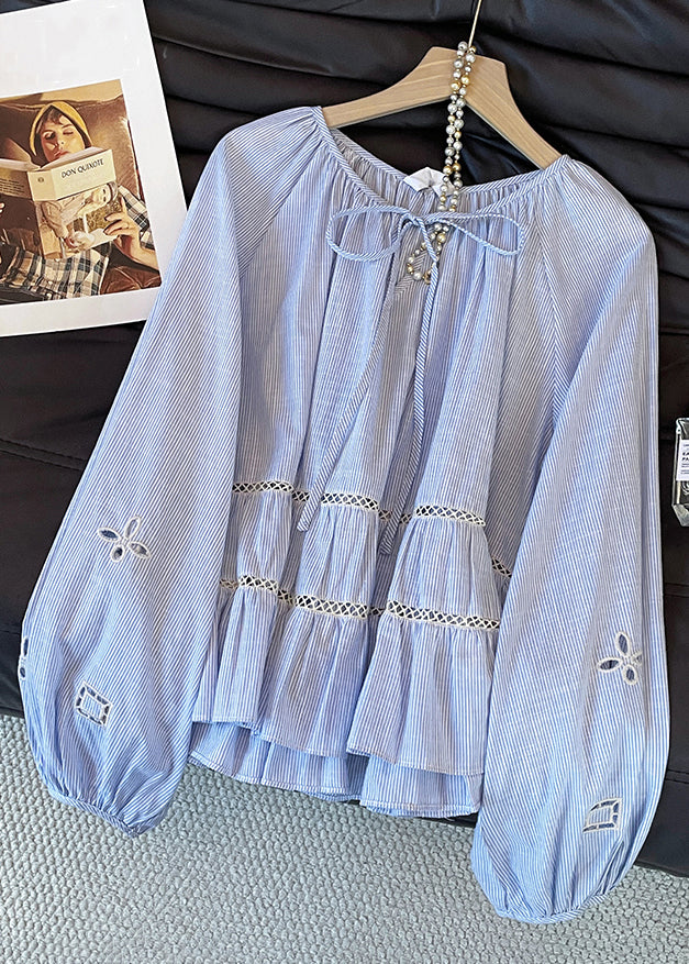 Italian Blue Striped Hollow Out Cotton Blouse Tops Fall