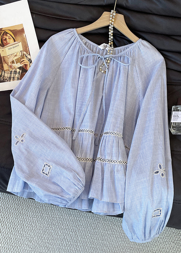 Italian Blue Striped Hollow Out Cotton Blouse Tops Fall