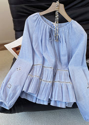 Italian Blue Striped Hollow Out Cotton Blouse Tops Fall