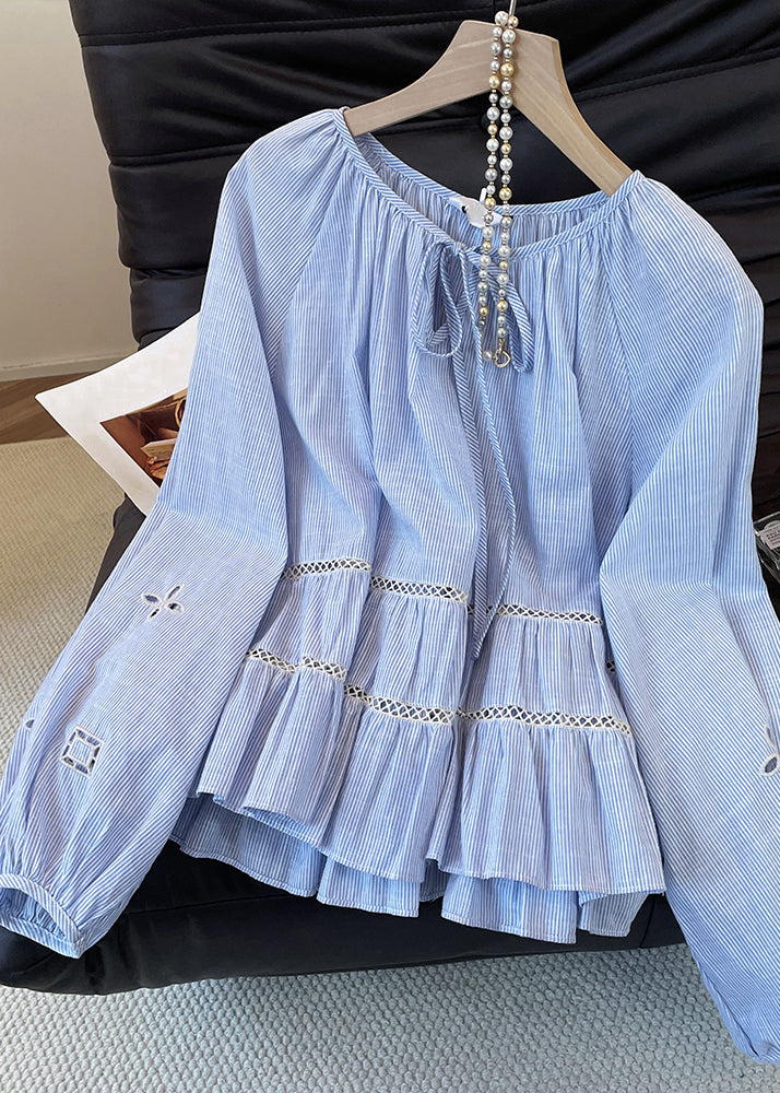 Italian Blue Striped Hollow Out Cotton Blouse Tops Fall