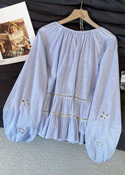 Italian Blue Striped Hollow Out Cotton Blouse Tops Fall