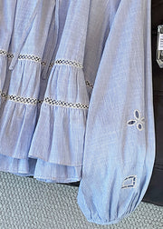 Italian Blue Striped Hollow Out Cotton Blouse Tops Fall