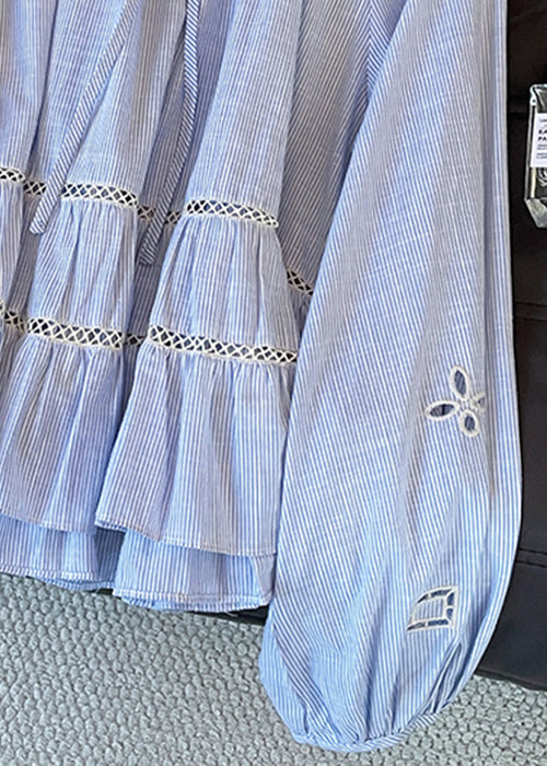 Italian Blue Striped Hollow Out Cotton Blouse Tops Fall
