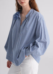 Italian Blue Striped V Neck Floral Cotton Shirt Fall