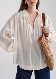 Italian Blue Striped V Neck Floral Cotton Shirt Fall