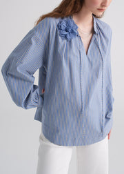 Italian Blue Striped V Neck Floral Cotton Shirt Fall