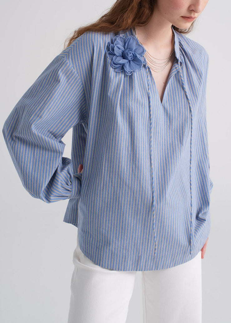 Italian Blue Striped V Neck Floral Cotton Shirt Fall