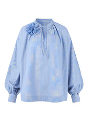 Italian Blue Striped V Neck Floral Cotton Shirt Fall