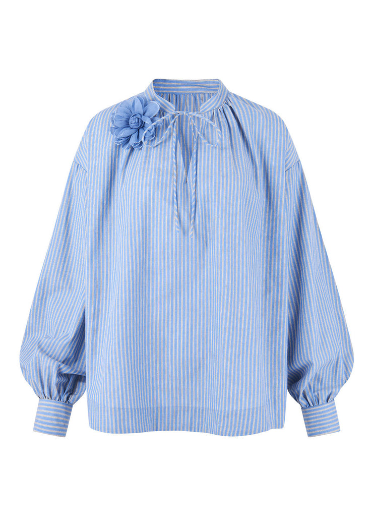Italian Blue Striped V Neck Floral Cotton Shirt Fall