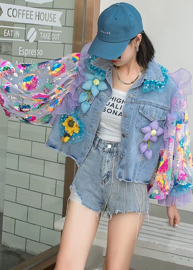 Italian Blue Tulle Ruffled Sequins Floral Decorated Patchwork Denim Co ...