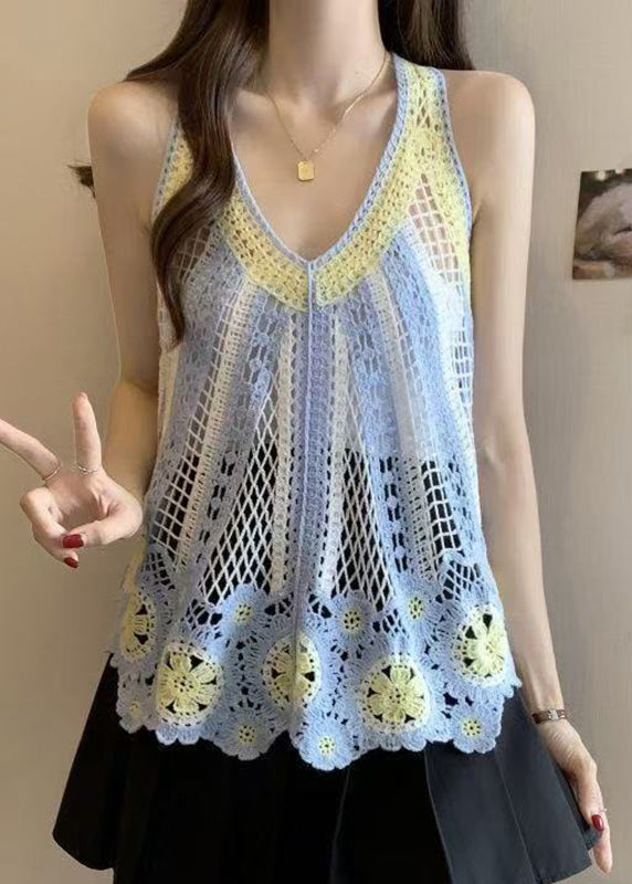 Italian Blue V Neck Hollow Out Knit T Shirt Sleeveless