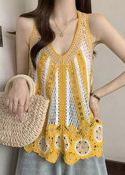 Italian Blue V Neck Hollow Out Knit T Shirt Sleeveless