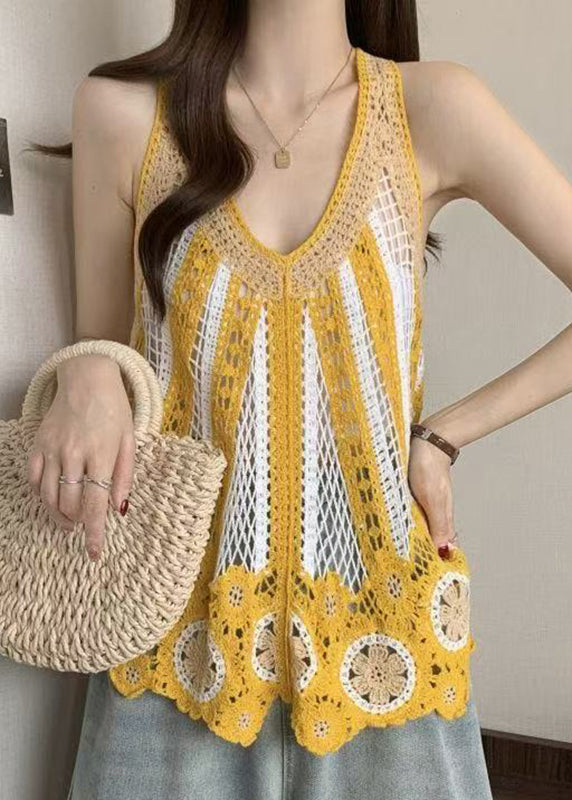 Italian Blue V Neck Hollow Out Knit T Shirt Sleeveless