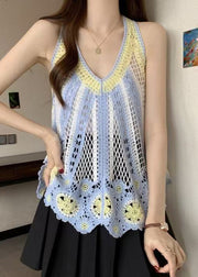 Italian Blue V Neck Hollow Out Knit T Shirt Sleeveless