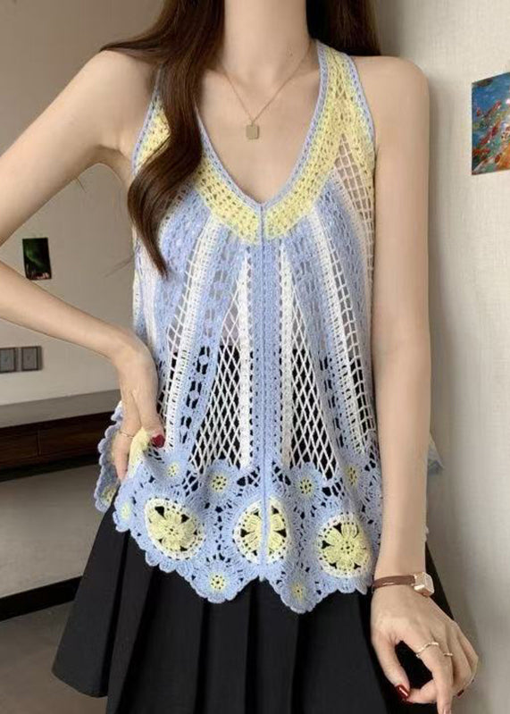 Italian Blue V Neck Hollow Out Knit T Shirt Sleeveless