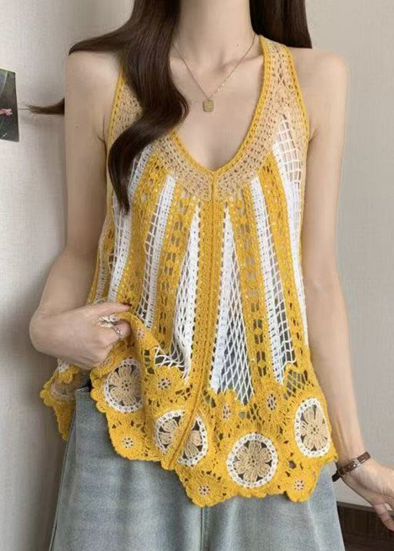Italian Blue V Neck Hollow Out Knit T Shirt Sleeveless