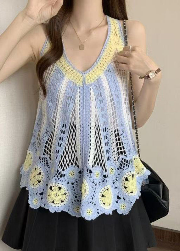 Italian Blue V Neck Hollow Out Knit T Shirt Sleeveless