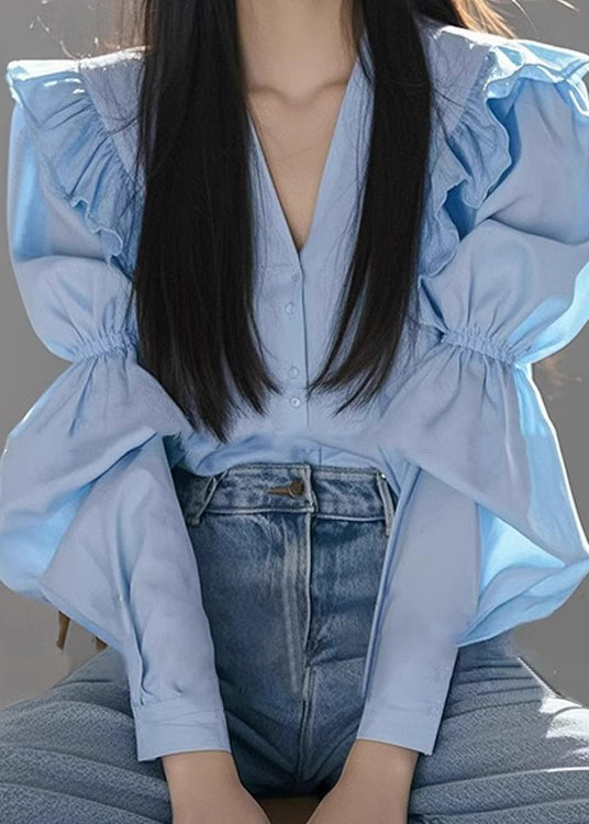 Italian Blue V Neck Wrinkled Cotton Blouse Fall