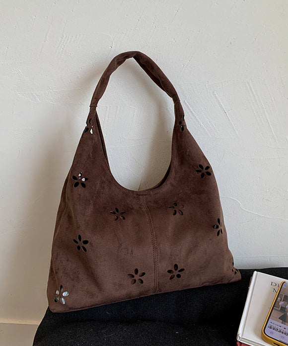 Italian Brown Hollow Out Flower Faux Suede Shoulder Bags