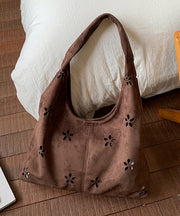 Italian Brown Hollow Out Flower Faux Suede Shoulder Bags