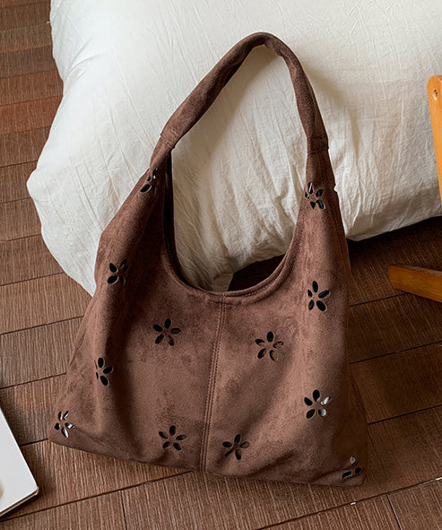 Italian Brown Hollow Out Flower Faux Suede Shoulder Bags