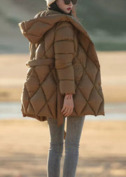 Italian Brown Hooded Tie Waist Duck Down Puffer Coat Winter