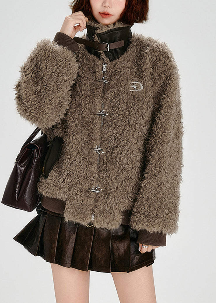 Italian Brown Oversized Patchwork Faux Leather Teddy Coat Winter