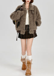 Italian Brown Oversized Patchwork Faux Leather Teddy Coat Winter