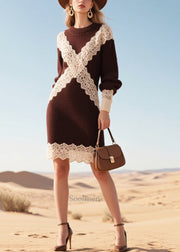 Italian Brown Patchwork Lace Sweater Dress Winter