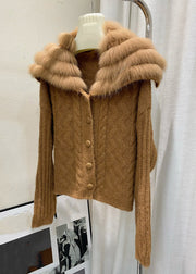 Italian Brown Sailor Collar Zippered Cotton Knit Cardigan Winter