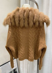 Italian Brown Sailor Collar Zippered Cotton Knit Cardigan Winter